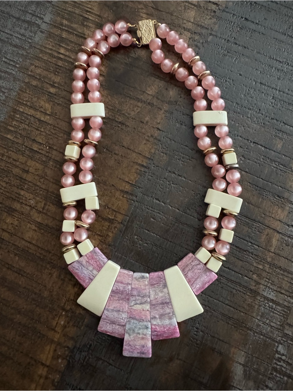 Vintage double-strand statement necklace pink and ivory stones and beads